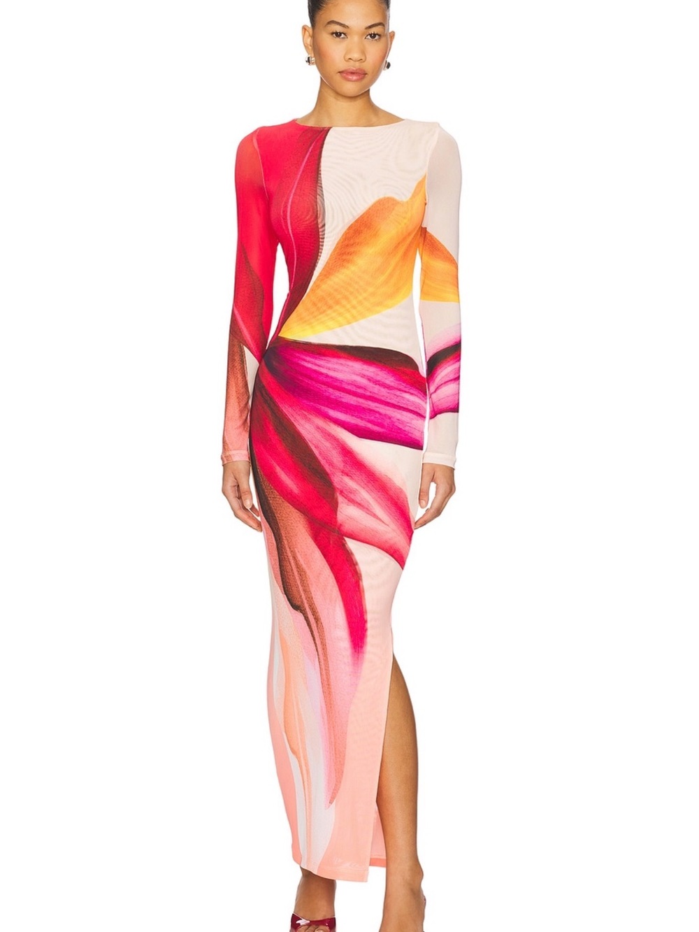 AFRM Long-Sleeve Abstract Floral Maxi Dress in Pink and Orange